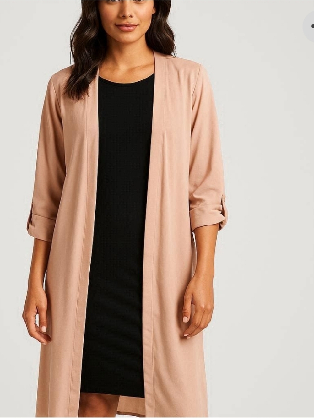 DAVI & DANI Beige Open Front Roll Sleeve Lightweight Midi Duster Side Slits - L